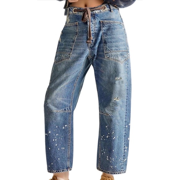 Free People Denim - We The Free Free People Old West Slouchy Jeans 31 Paint Splatter Drawstring Blue